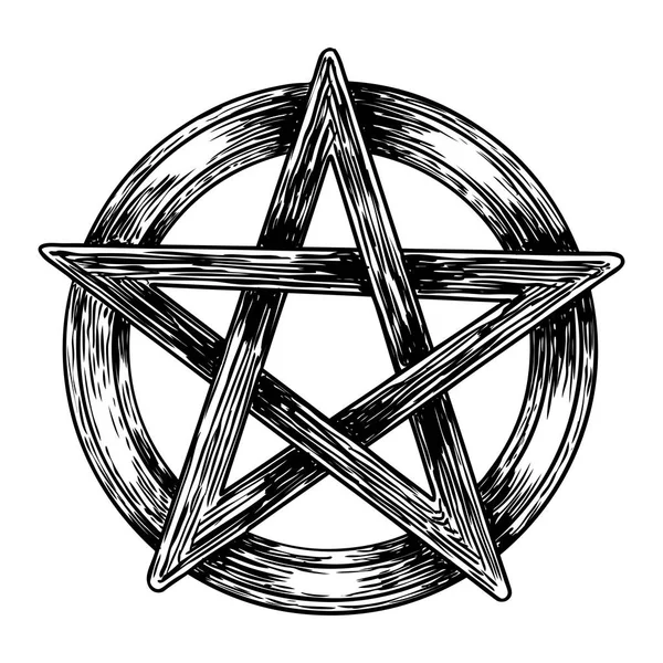 Pentagram drawing. Hand drawn ancient pagan symbol of five pointed star. Black work for flash tattoo. Vector. — Stock Vector