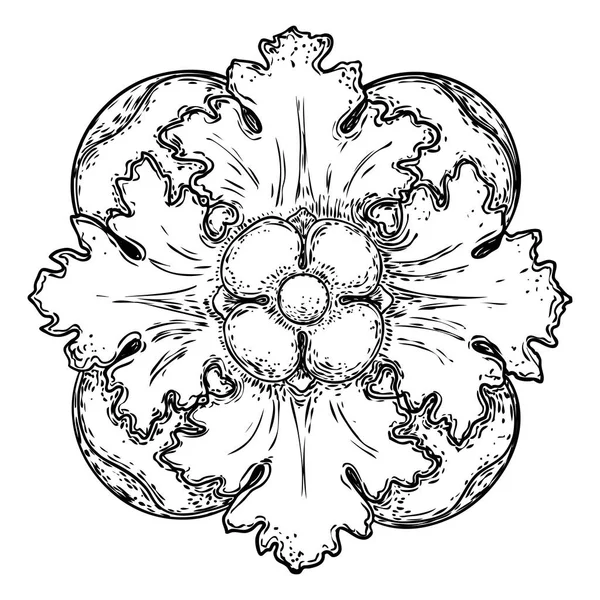 Baroque ancient vintage style floral circular design element. Marble rosette drawing for fashionable pattern in black white for textile, scarves, backgrounds. Vector. — Stock Vector