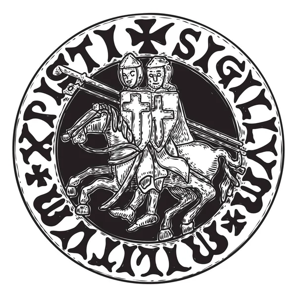 Kovový kulatý záplata. SIGILLUM militum Xpisti rytíři Templar Crusa — Stockový vektor