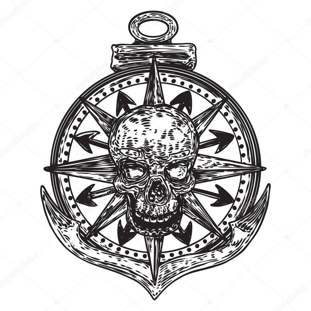 Nautical emblem with marine anchor and compass arrows wheel and 