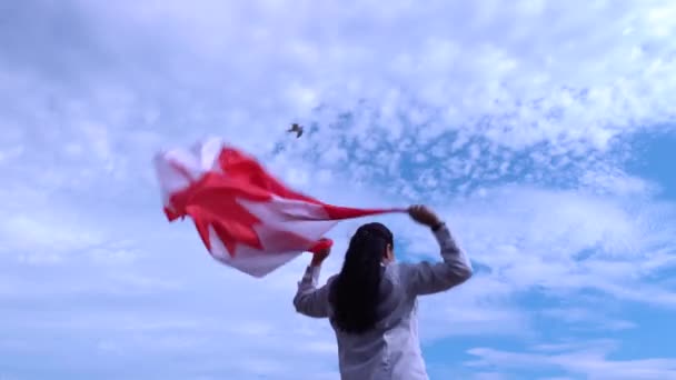 Fã canadense segurando a bandeira nacional com folha de bordo vermelho e renunciando-o em celebração. Africano cidadão americano orgulhoso de ser canadense . — Vídeo de Stock