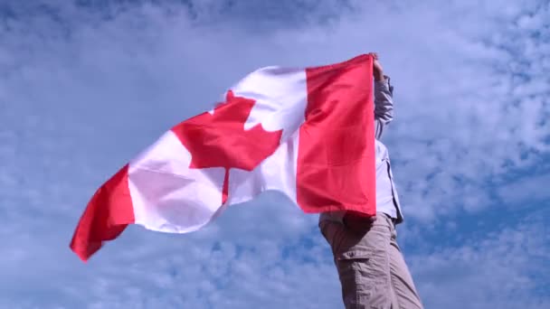 Mulher adulta de pé com orgulho e bandeira canadense acenando. Símbolo Canadá. Mulher negra orgulhosa e segurando bandeira nacional com folha de bordo vermelho em pé sozinho no fundo do céu azul. Conceito de patriotismo ., — Vídeo de Stock