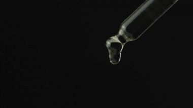 Kenevir bitkisinin biyolojik ve ekolojik yağına aşırı dozda damlacık pipetini yakın çekim makrosu. İlaç bitkisel cbd yağı, organik ilaç konsepti, siyah arkaplan üzerine..