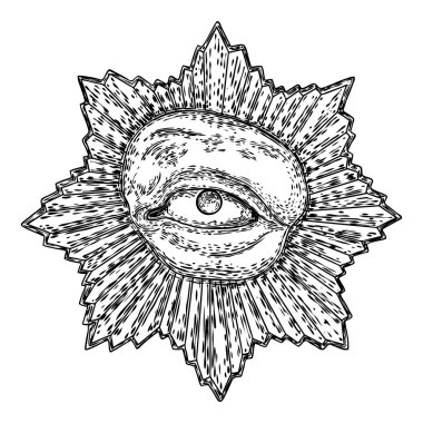 Hepsi göz sembolü çeşitliliğine bakıyor. Simya, din, maneviyat ve okültizm dövme sanatı. İlahi takdir ve komplo teorisi. El çizimi, flaş dövmeli sanat eseri. Vektör.