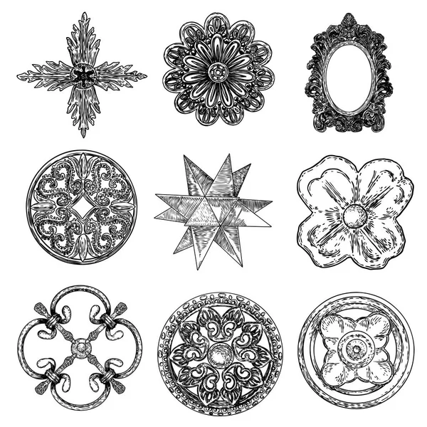 Set di barocco antico stile vintage floreale circolare e rombo — Vettoriale Stock