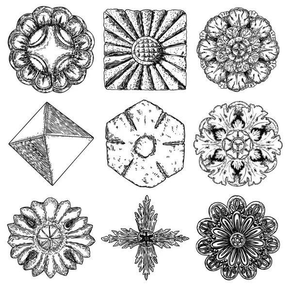 Set de estilo antiguo barroco vintage floral circular y rombo — Vector de stock