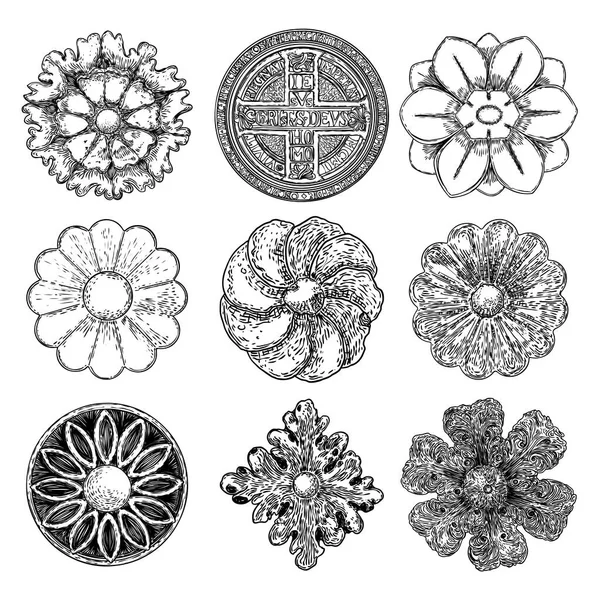 Zestaw barokowych starożytnych rocznika stylu kwiatowy okrągły i romb — Wektor stockowy
