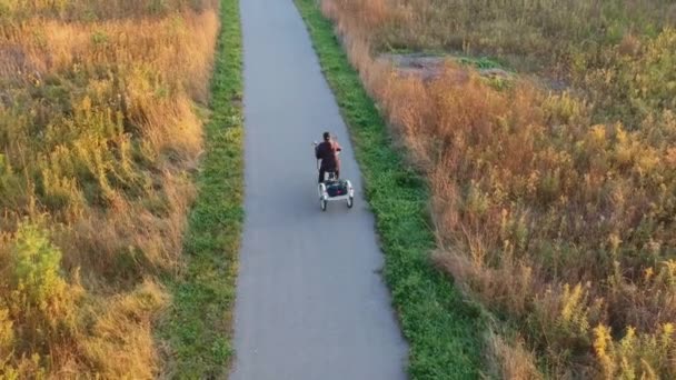 Ensam kvinna resenär cykling cykel vid solnedgången gyllene timme. Episk antenn flygning över färgglada hösten eller hösten skogspark. Äventyrsvandring och turism livsstil koncept. — Stockvideo