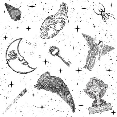 Antik okültizm için ortaçağ büyücülüğü ve astroloji unsurları kitap ve mistik simyayı büyüler. Mezar taşı, böcek, melek, kurban bıçağı, anahtar, kuş kanadı, ay, kalp, kristal. Vektör.