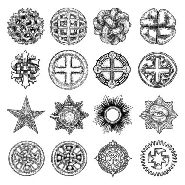 Dekoratif toplar el çizimi tarzında. Soyut sihirli toplar ya da delikli gizemli küreler, 3D yazıcı küresi kristali. Dairesel dekoratif Hristiyan dini çapraz tasarımı. Vektör. 