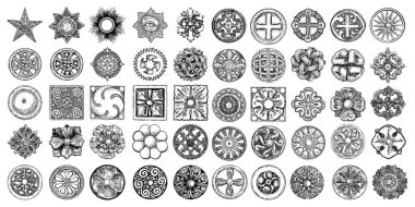 Büyük bir barok seti, eski tip çiçek tasarım elementleri ve diğer dini veya mistik çizimler. Geometrik yıldız, kristaller, pentagram ve haç. Dini çember sembolü. Vektör.