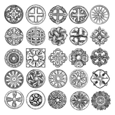Büyük bir barok seti, eski tip çiçek tasarım elementleri ve diğer dini veya mistik çizimler. Geometrik yıldız, kristaller, pentagram ve haç. Dini çember sembolü. Vektör.