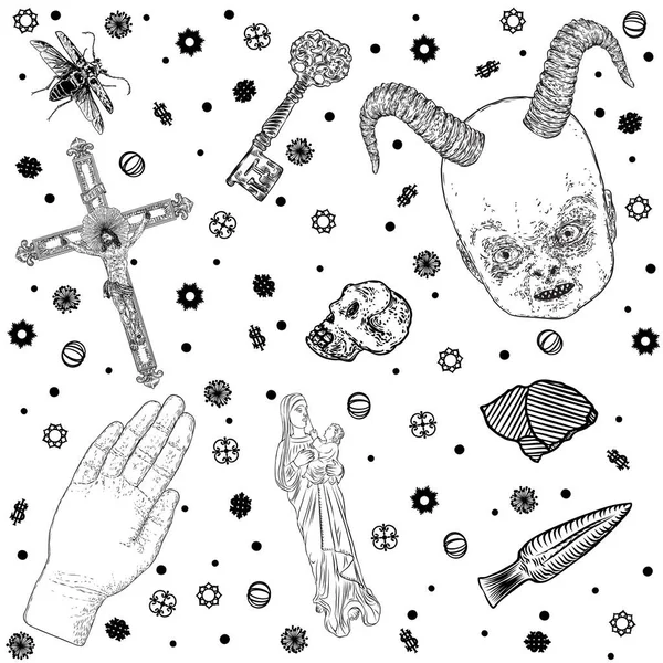 Conjunto Com Símbolos Místicos Ocultos Desenhados Mão Wicca Tradição Pagã —  Vetores de Stock