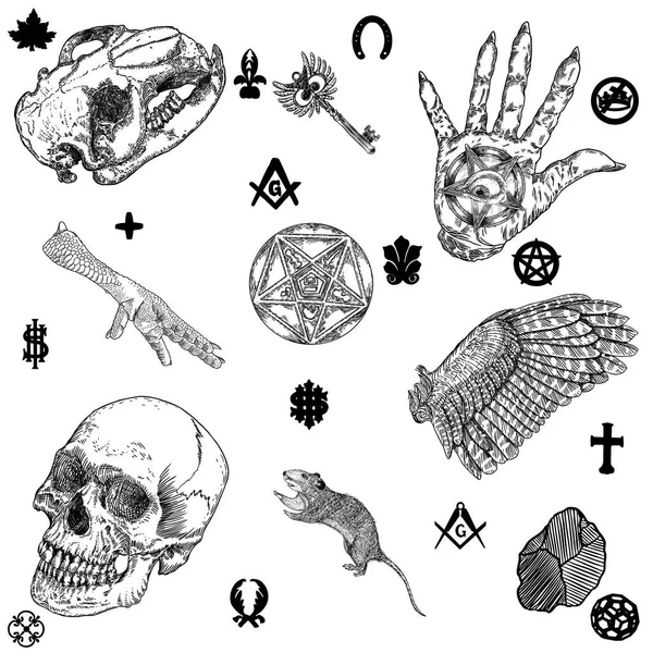 Conjunto Com Símbolos Místicos Ocultos Desenhados Mão Wicca Tradição Pagã —  Vetores de Stock