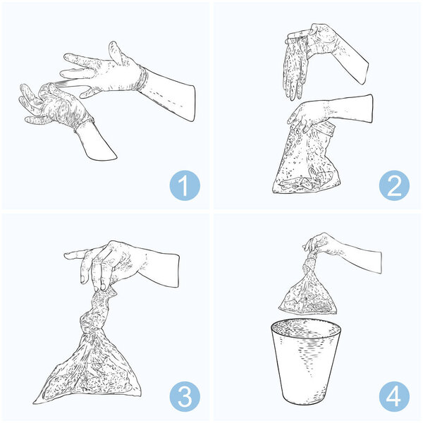Личная гигиена, профилактика заболеваний, надлежащая утилизация подержанных медицинских перчаток и рекомендации здравоохранения поэтапно инфографический рисунок. Численные шаги
.