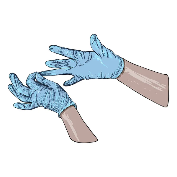 Hands Putting Protective Disposable Blue Gloves Medical Latex Gloves Protection — Stock Vector