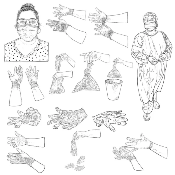 Covid 19コロナウイルスの流行要素のセット 看護師と医師の肖像画 使用済み医療用手袋の適切な処分 手を保護使い捨て青手袋を置く — ストックベクタ