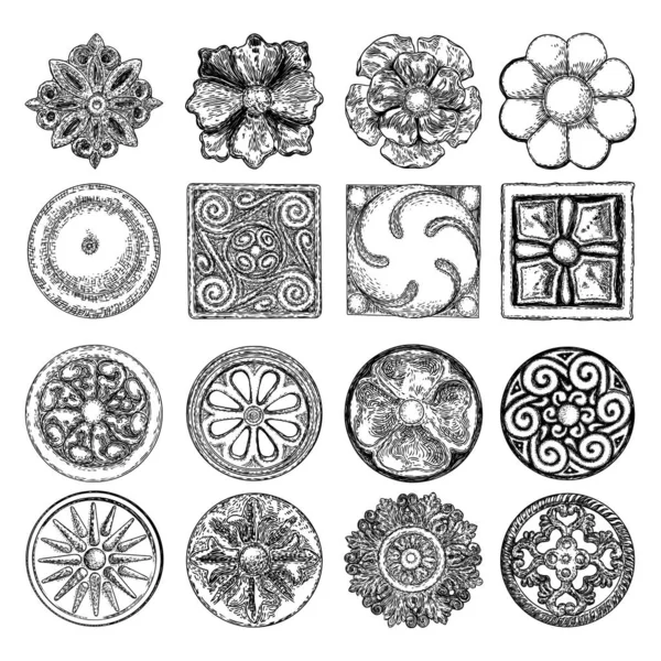 Set Baroque Ancient Vintage Style Floral Circular Rhombus Square Design — Stock Vector