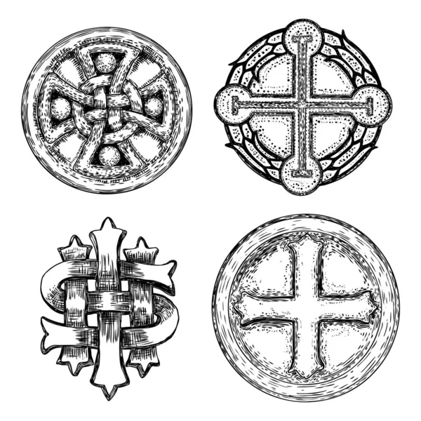 Sada Dekorativních Symbolů Kruhový Dekorativní Křesťanský Kříž Pět Špičatých Hvězd — Stockový vektor