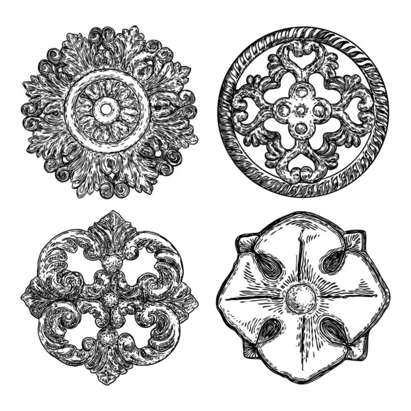 一套巴洛克古埃及风格的花卉圆形和菱形或正方形设计元素 采购产品大理石花环画流行的图案在黑色白色的纺织品 — 图库矢量图片