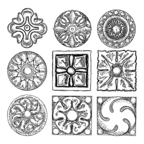 一套典雅的老式圆形花卉饰品 风格典雅 圆形的东方花元素的图案 圆形粉刷天花板花环 — 图库矢量图片