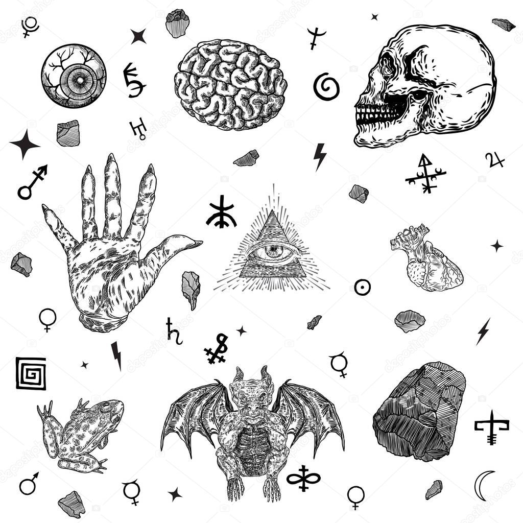 Occult alchemy symbols and alphabet elements set. Human eye and skull, anatomical heart, witch hand, toad, frog, all seeing eye,  and magic stone or crystal. Goat brain, demon or evil gargoyle. Vector