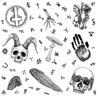 Sihirli okült set. Büyü kitabı ve iksir aşçısı için hazırlanmış el yapımı okültizm mistik büyücülük. Simya, din ve maneviyat geçmişi. Cadı zanaat unsurları koleksiyonu. Vektör.