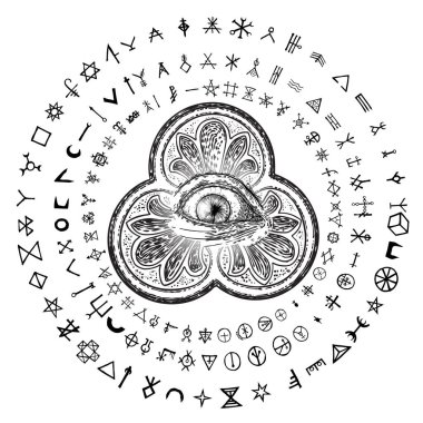 Falcı ya da cadı sihirli sembolleri tüm gören gözlerle büyülenir. Mistik ve okült semboller. Maneviyat, astroloji ve esrarengiz kavram kavramı. Sihirli siyah dövmeli flaş fikir. Vektör
