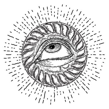 Her şeyi gören gözün farklı yönlere ve duygulara çizimi. Masonların bir seçenek tasarım ögesi olarak sembolü. İnsan görüşü. Vektör.