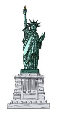 Eldeki özgürlük heykeli çizim stili, kuluçkaya yatma vuruşu, renk. El çizimi eskiz. Amerikan ulusal sembolü, New York ve ABD simgesi. Vektör.