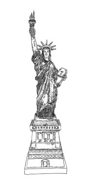 Özgürlük Heykeli 'nin el çizimi. ABD New York simgesi. Bağımsızlık Günü 4 Temmuz Amerikan sembolü. Özgürlüğün sembolü ve Birleşik Devletler Bağımsızlık Bildirgesi. Katmanları düzenlemek kolay. Vektör.