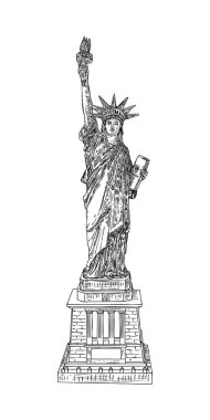Özgürlük Heykeli 'nin el çizimi. ABD New York simgesi. Bağımsızlık Günü 4 Temmuz Amerikan sembolü. Özgürlüğün sembolü ve Birleşik Devletler Bağımsızlık Bildirgesi. Katmanları düzenlemek kolay. Vektör.