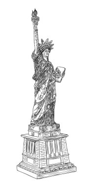 Özgürlük Heykeli 'nin el çizimi. ABD New York simgesi. Bağımsızlık Günü 4 Temmuz Amerikan sembolü. Özgürlüğün sembolü ve Birleşik Devletler Bağımsızlık Bildirgesi. Katmanları düzenlemek kolay. Vektör.