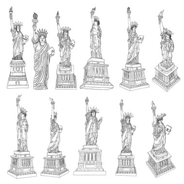 Amerikan Özgürlük Anıtı çizimi. ABD New York 'un ünlü turizm simgesi. Poster ya da el ilanları heykel illüstrasyon elemanı. Sunumlar için Amerikan sembolünün el çizimi logosu. Vektör.