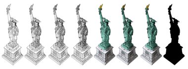 Özgürlük heykeli farklı stillerde yapılmıştır. Çeşitli çizimlerin tasviri. El çizimi, çapraz kuluçka, felç, renk, siyah beyaz çizim ve silüet düz. New York ve ABD dönüm noktası. Vektör.
