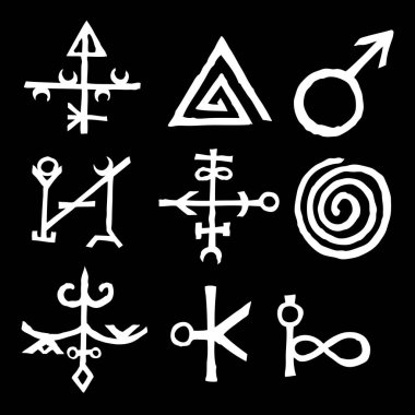 Mistik sihirli daireler, pentagram ve hayali çakralar sembolleri ile ayarlayın. Cadılık ve mektup yazma gizli el ile simgeler koleksiyonu. Ezoterik kavramı. Vektör 