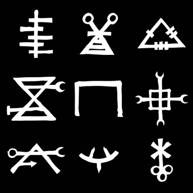 Gizli şarkı sözleri alfabesi ve sembolleri ile eski el yazması konulu simya simgeler kümesi. Ezoterik işaretleri Ortaçağ yazıları esinlenerek yazılmış. Vektör 