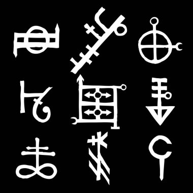 Gizli şarkı sözleri alfabesi ve sembolleri ile eski el yazması konulu simya simgeler kümesi. Ezoterik işaretleri Ortaçağ yazıları esinlenerek yazılmış. Vektör 