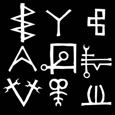 Gizli şarkı sözleri alfabesi ve sembolleri ile eski el yazması konulu simya simgeler kümesi. Ezoterik işaretleri Ortaçağ yazıları esinlenerek yazılmış. Vektör 