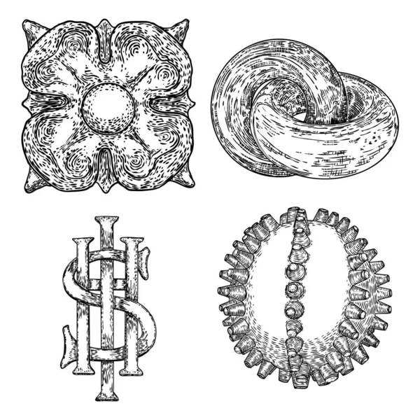 Conjunto Símbolos Decorativos Religión Cristiana Decorativa Flor Tallada Piedra Mármol — Archivo Imágenes Vectoriales