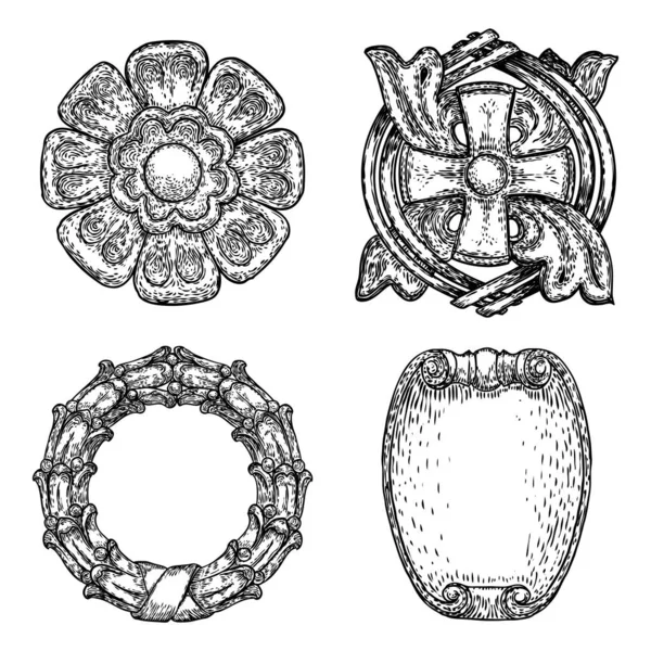 Set Disegno Ornamento Cerchio Modello Fiore Intagliato Isolato Sfondo Bianco — Vettoriale Stock