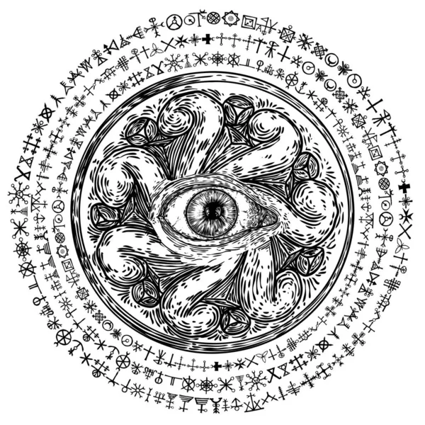 Fortune Teller Heks Magische Symbolen Betoveren Met Alle Ziende Oog — Stockvector