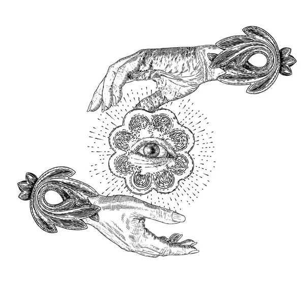 Руки Гадалки Руки Ведьмы Всем Видением Мистические Оккультные Символы Понятие — стоковый вектор