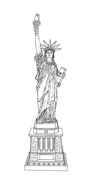 美国自由女神像的绘画 美国纽约市著名的旅游地标 海报或传单雕塑插图元素 手绘美国符号标识用于演示 — 图库矢量图片