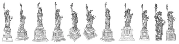 Estátua Liberdade Conjunto Desenho Mão Eua Marco Nova York Dia — Vetor de Stock