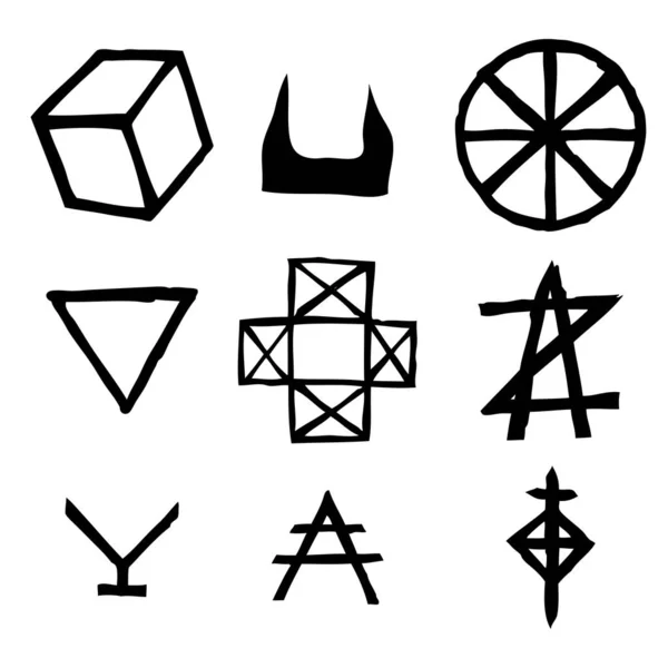 Set Elementi Esoterici Simbolo Design Segni Immaginari Alchimia Scritta Mano — Vettoriale Stock