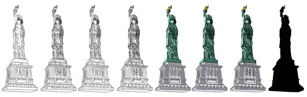 Estátua Liberdade Diferentes Estilos Ilustração Vários Desenhos Linha Desenhada Mão — Vetor de Stock