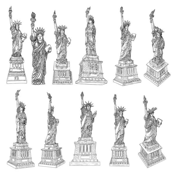 Statue Liberty Hand Drawing Set Usa New York Landmark Independence — Stock Vector