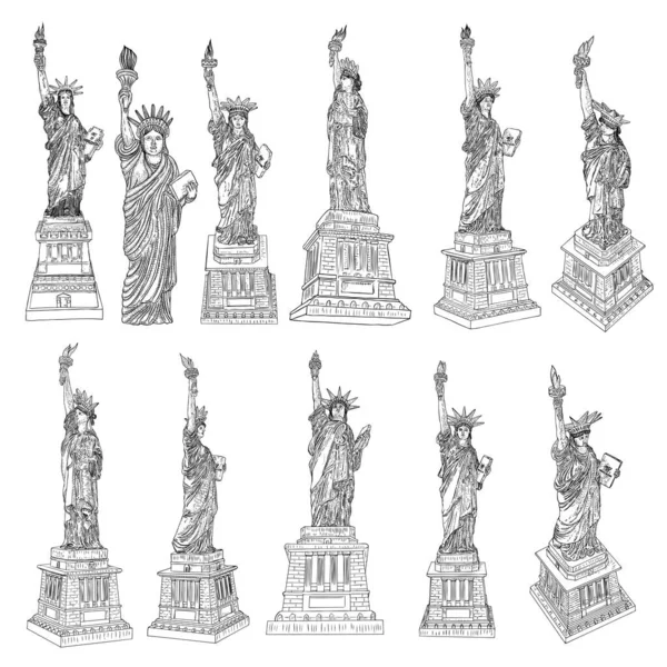 Estatua Libertad Establecer Dibujo Estados Unidos Nueva York Famoso Punto — Vector de stock