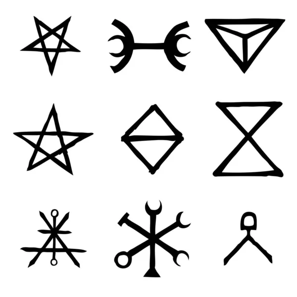 Wiccan Symbole Imaginäre Kreuzsymbole Inspiriert Von Antichrist Pentagramm Und Hexerei — Stockvektor